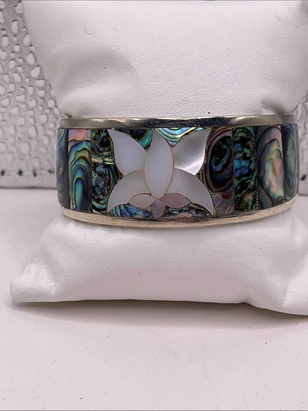 08.05.26-1 Iridescent Abalone Cuff Bracelet with Mother-of-Pearl Floral Inlay